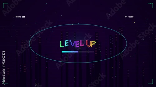 Retro pixelated level up graphic with glitch effects and loading bar, gaming achievement celebration