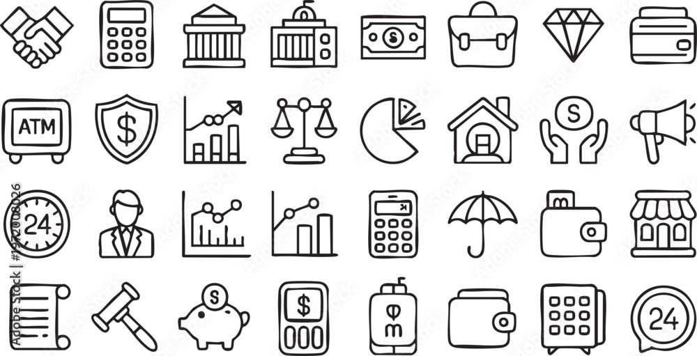 Fototapeta premium Outline financial icons collection with banking payment and analytics elements