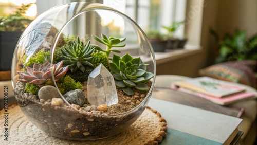 A captivating close-up of a terrarium, showcasing a vibrant miniature ecosystem