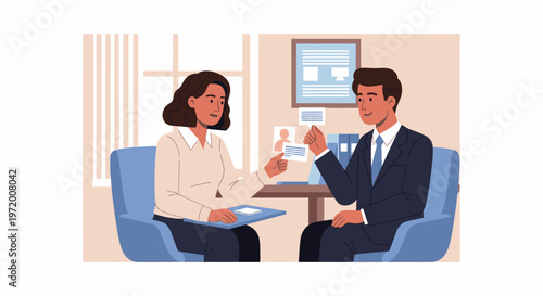 Human resources professional presenting candidate profiles to a male manager during a job interview or recruitment meeting, symbolizing talent acquisition and HR.