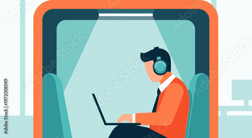 Professional man wearing headphones works on a laptop inside a modern office privacy pod, emphasizing focused concentration and quiet productivity.