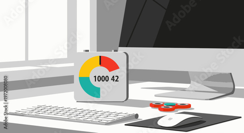 Modern office desk setup featuring a computer, keyboard, mouse, and a data display showing a pie chart, symbolizing business analytics and progress.