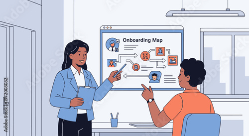 Businesswoman explaining onboarding map to new employee in modern office, career development concept