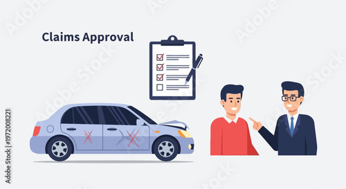 Car Insurance Claims Approval Concept with Damaged Vehicle Checklist and Agent Illustration