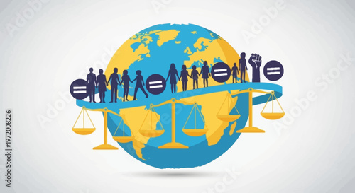 Global Equality and Justice Concept with World Globe, Human Rights and Balance Scales Illustration