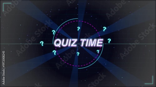 quiz time text with question marks and neon effects on a dark background, game show intro or trivia challenge concept
