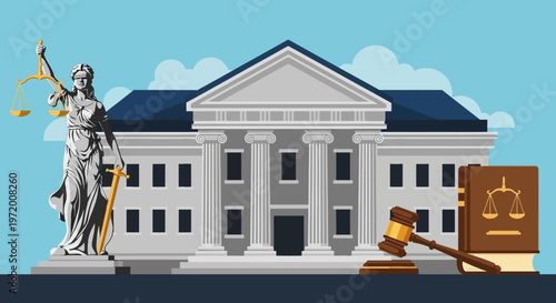 Courthouse with Lady Justice Statue Gavel and Law Book Legal System Illustration