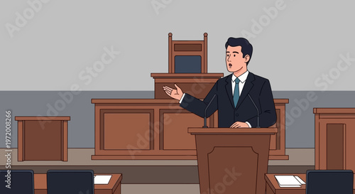 Male Lawyer Speaking at Podium in Courtroom Legal Trial Illustration