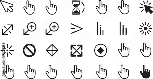 Cursor pointer icon set with click hand and navigation symbols outline style