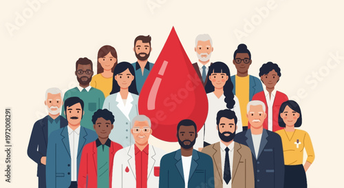 Diverse Community Blood Donation Awareness Group with Red Blood Drop Healthcare Illustration