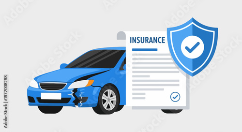 Damaged Blue Car Insurance Claim Approval Concept with Policy Document and Protection Shield Illustration