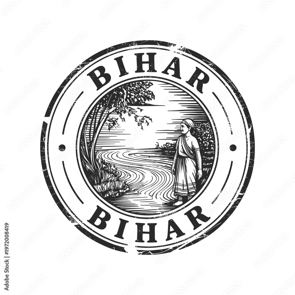 Obraz premium Vintage style circular stamp featuring bihar landscape and text