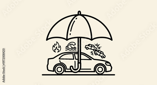 Car Insurance Protection Icon with Umbrella Covering Accident Fire and Flood Risks