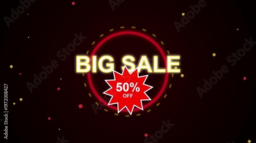 Big sale announcement with 50 percent off discount, surrounded by neon circle and falling confetti, perfect for promotional videos and advertising