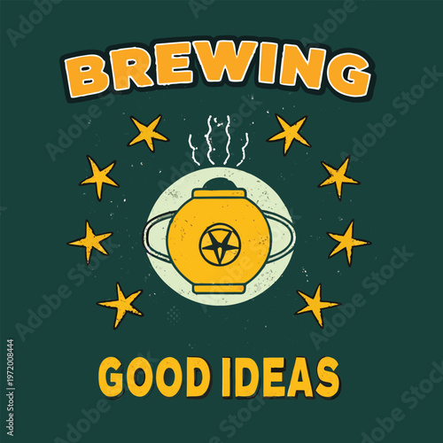Creative vector illustration of a teapot brewing good ideas with lightbulbs and stars surrounding the teapot on a dark background with the text brewing good ideas.