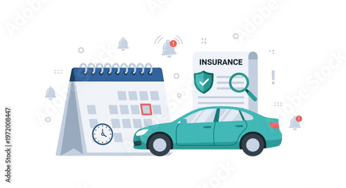 Car Insurance Renewal Reminder Concept with Calendar Document Clock and Vehicle Illustration