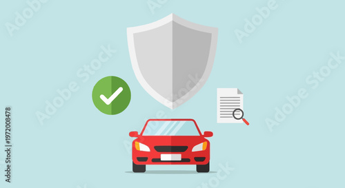 Car Insurance Policy Verification and Protection Concept with Shield Check Mark and Document Illustration