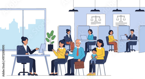 Family Consulting Lawyers in Modern Law Office Legal Advice and Attorney Services Illustration