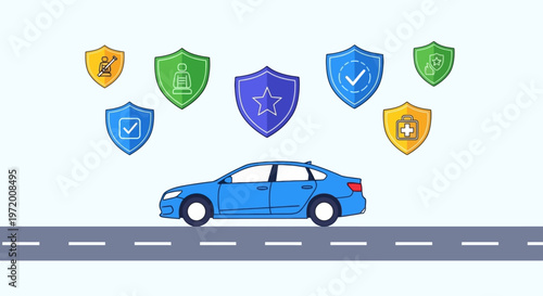 Blue Car Insurance Coverage Benefits Concept with Protection Shields and Safety Icons Illustration