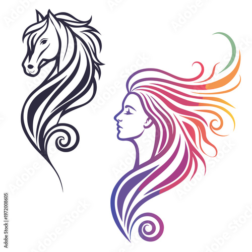Elegant profile of woman with flowing colorful hair combined with abstract horse head silhouette, artistic concept on white background.