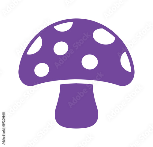 Vibrant purple spotted mushroom vector icon, whimsical fungi illustration, playful toadstool graphic, nature-inspired design element for fantasy and organic themes