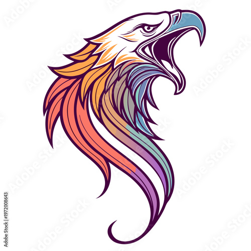 Powerful eagle head profile with vibrant colorful feathers and open beak majestic bird of prey profile mascot logo design element vector template.