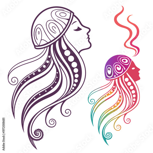 Abstract illustration of mythological sea goddess with jellyfish features flowing tentacles profile view with colorful gradient and intricate line art.