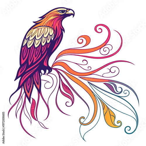 Majestic phoenix with vibrant flowing tail feathers, mythical fire bird creature symbolizing rebirth and eternity, stylized artistic illustration.