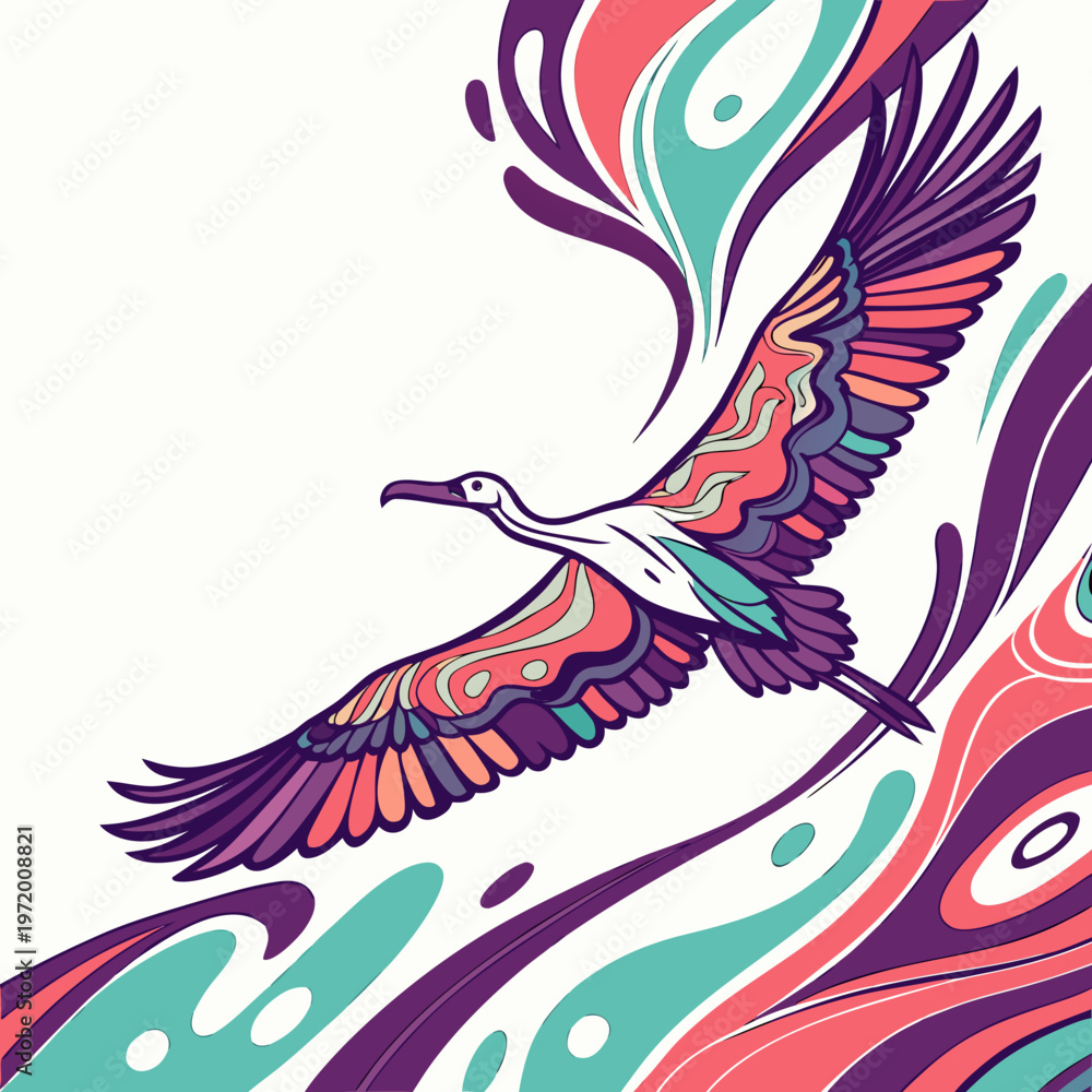 Fototapeta premium A vibrant artistic depiction of a soaring bird with expansive wings, adorned with colorful patterns, set against a dynamic abstract background.
