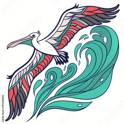 Pelican in flight above stylized teal waves, artistic illustration with vibrant coral, gray, and white plumage, smooth lines and fluid motion, representing coastal serenity.