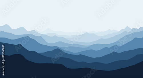 Abstract layered mountain range illustration with gradient shades of blue