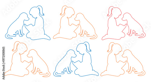 Child and dog outline vector set, six colorful illustrations of a girl petting her puppy, heartwarming pet companionship graphic resource, animal friendship design elements.
