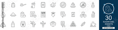 Sugar and sweets line icon set with 30 icons: sugar, candy, sweets, dessert, chocolate, bakery, cupcake, lollipop. Clean linear vector, editable stroke for food and pastry projects.