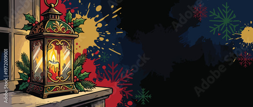 Christmas Candle Lantern with Holly and Pine on a Festive Window Ledge