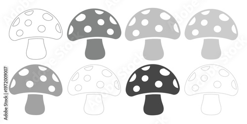 Monochromatic mushroom vector set, eight spotted fungi illustrations, black and white toadstool icons for nature designs, forest-themed graphics, and whimsical decor.