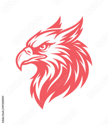 Majestic red griffin head vector illustration, powerful mythical creature emblem, fantasy animal mascot design, strong heraldic beast graphic for branding and sports.