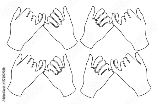 Pinky promise hands vector illustration, a set of four line art hand gestures symbolizing friendship and agreement, ideal for relationship and trust concepts.