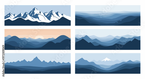 Abstract mountain landscapes in varying tones of blue and orange