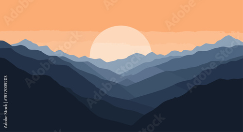 Mountain range silhouette at sunset in orange and blue tones
