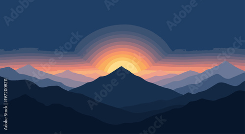 Mountain range silhouette at sunset with vibrant orange and blue gradient