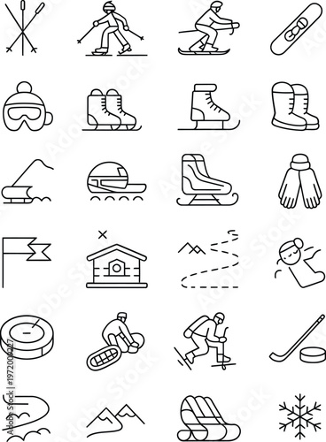 Winter Sports Line Icon Set, Ice Skating Hockey Ski Snow Activity Equipment Outline Vector Icons Collection