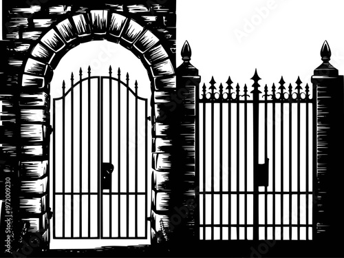 Ornate black wrought iron gates and stone archway in stark black and white