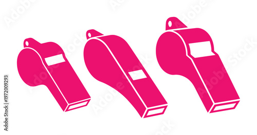 Three vibrant pink whistles, a versatile vector icon set for sports, events, and attention-grabbing alerts. Essential graphic resource for coaches, referees, and safety communication.
