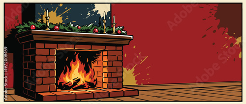 Christmas Fireplace Scene with Garlands and Candles
