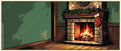 Christmas Fireplace Scene Hearth with Glowing Flame and Festive Decorations