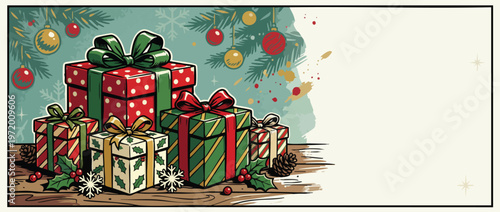 Christmas Gift Boxes with Festive Background on Wooden Surface