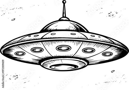 Retro flying saucer with antenna and circular windows floating in space with speckles