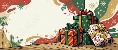 Christmas Gift Boxes with Festive Background on a Wooden Floor Illustration