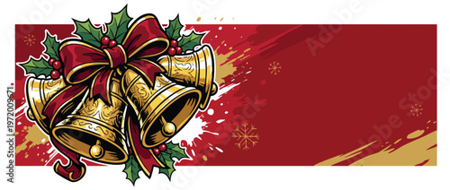 Christmas Golden Bells with Holly and Red Bow Banner Illustration
