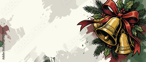 Christmas Golden Bells with Holly Berry and Pine Branches Holiday Decoration
